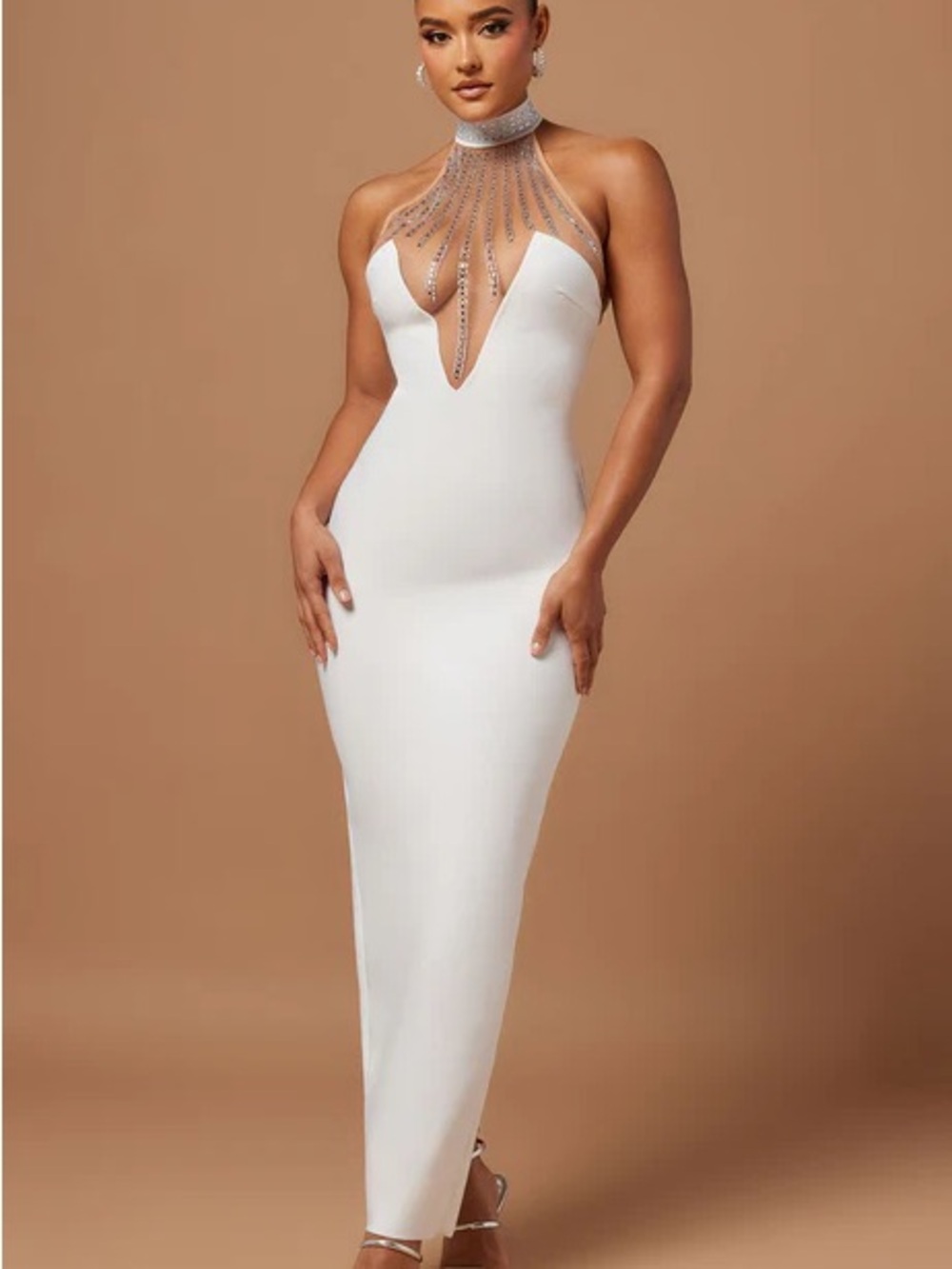 Fashion Nova White Jeweled Halter Maxi Dress